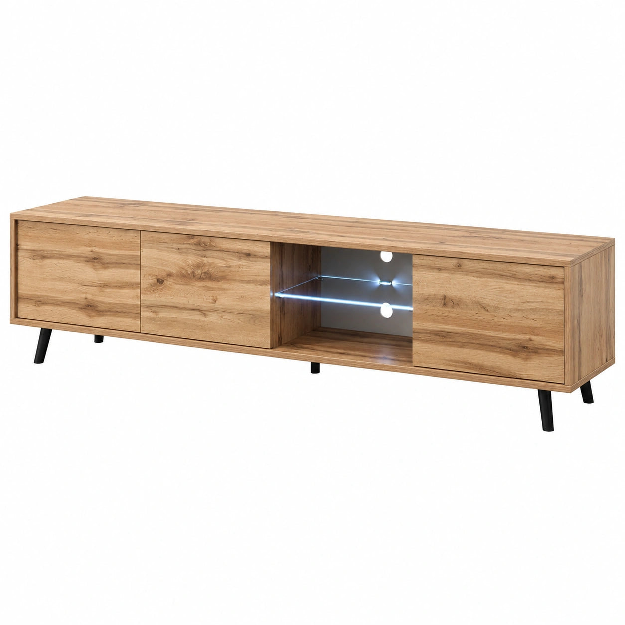 Meuble TV, en chêne et verre, avec éclairage LED, coloris blanc, pour le salon, 40,5 cm de hauteur