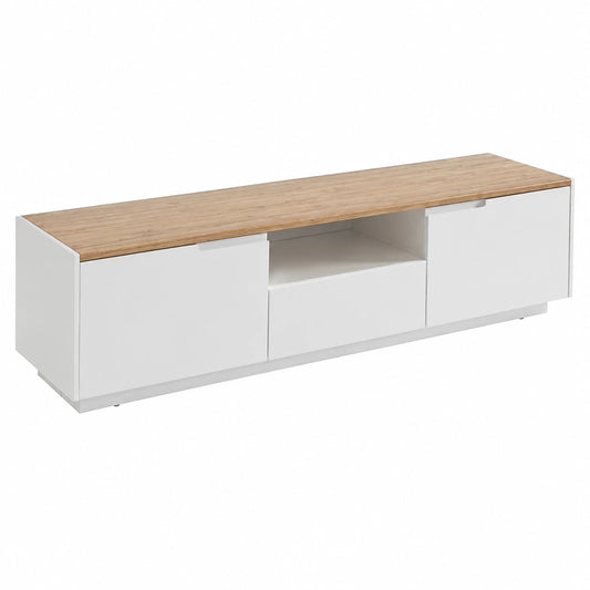 Meuble TV, avec rangement, avec tiroirs, avec portes, en chêne et panneaux de bois, coloris blanc et naturel, pour le salon