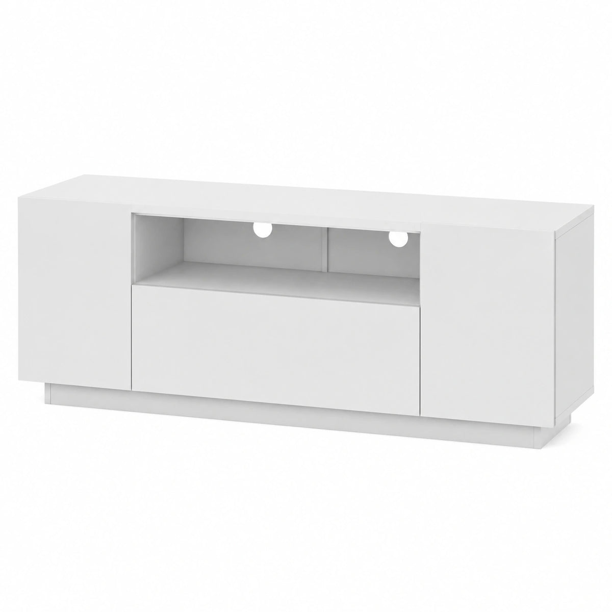 Meuble TV, avec rangement, avec éclairage LED, coloris blanc, pour le salon