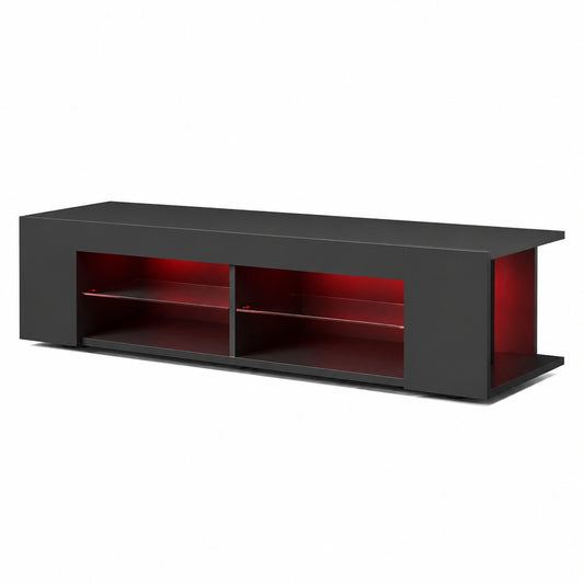 Meuble TV, en verre, réglable, avec étagères, avec éclairage LED, coloris noir, 135 x 39 x 30 cm, pour le salon